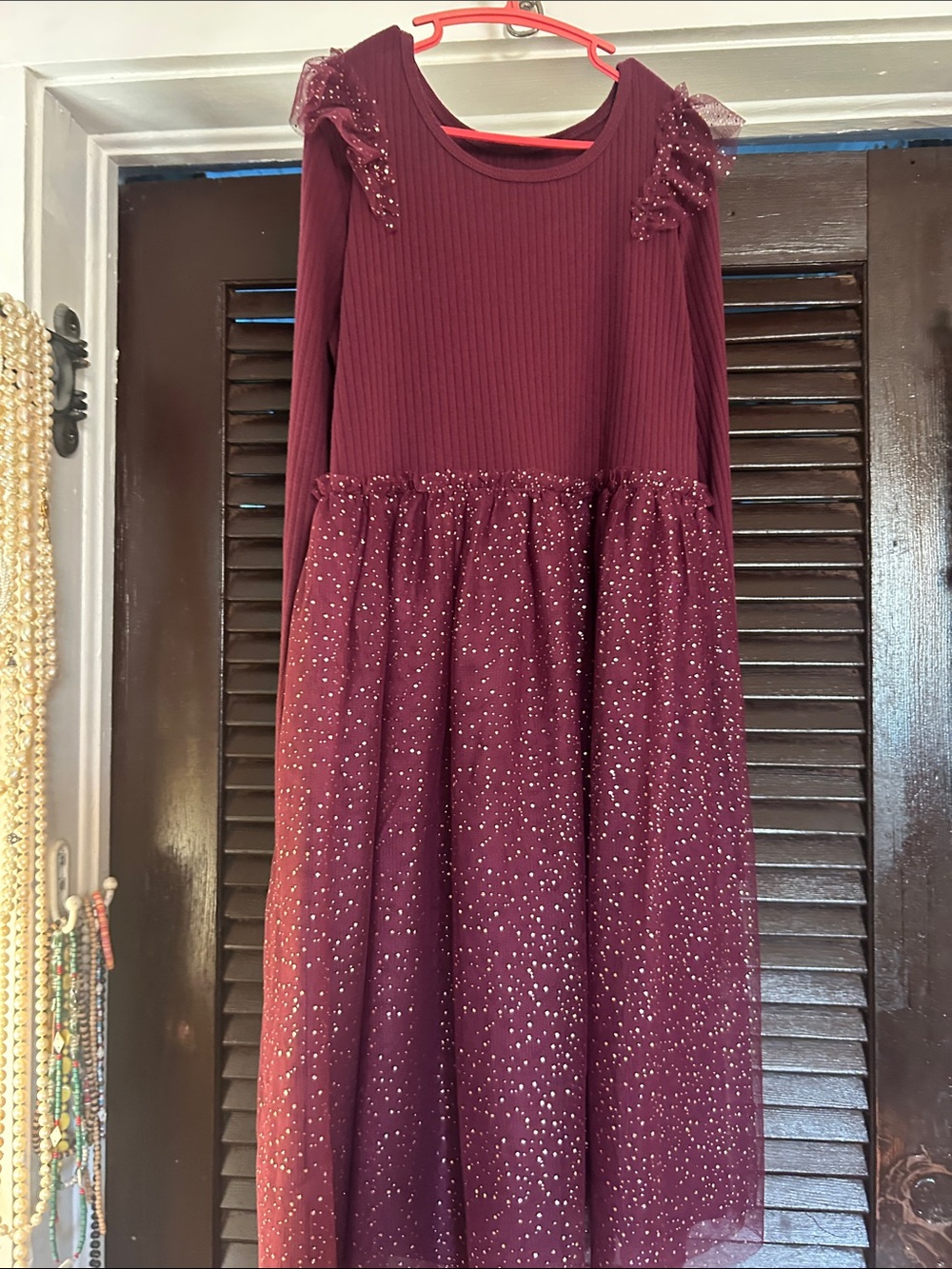 wonder nation Burgundy Long-Sleeve Glitter Tulle Dress